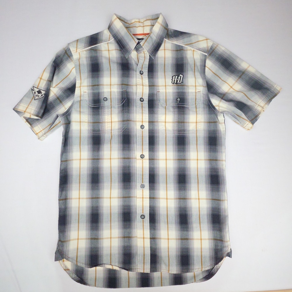 Harley-Davidson H-D Performance Plaid Button Up Shirt Mens M Grey Orange Cotton